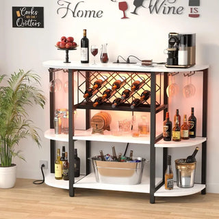 4-Tier Metal Coffee Bar Cabinet with Outlet and LED Light, Freestanding Floor Bar Table for Liquor with Glass Holder and Wine S Thomas Family Essentials