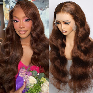 Chocolate Brown 4# Lace Front Wig Body Wave Transparent 13X4 Full Lace Frontal Wig Human Hair Pre-Plucked Natural Hairline