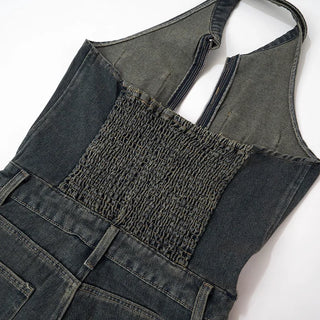 5Pcs Bulk Wholesale Denim Playsuits Women Sexy Backless Halter Sleeveless Zipper Rompers Summer Casual Streetwear Jean Overalls