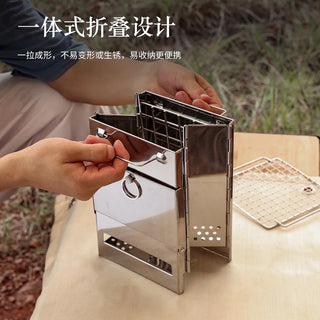 New Outdoor Camping Stainless Steel Oven Firewood Stove Wood Burning Stove Mini BBQ Grill Folding Charcoal Stove Barbecue Rack