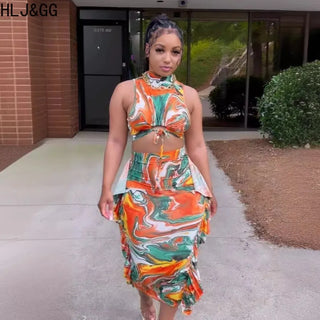 HLJ&GG Orange Fashion Print Bandage Ruffle Skinny Skirts Two Piece Sets Women O Neck Sleeveless Crop Top And Skirts Outfits 2024