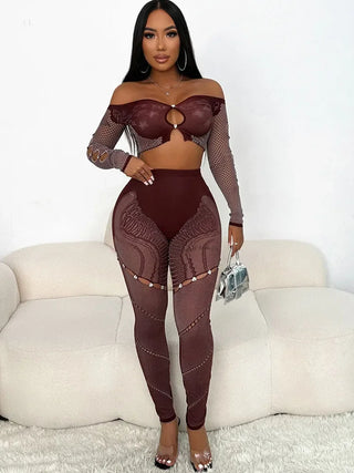 Sexy Night Party Club Outfits for Women 2 Pieces Slash Neck Off the Shoulder Crop Top and Pants Leggings Matching Sets Birthday