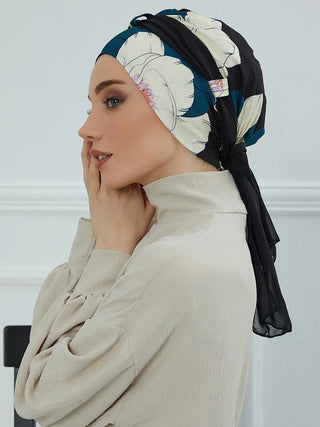 Muslim Instant Turban Woman Hijab Cap Floral Pattern, Strap Design, Adjustable Elasticity