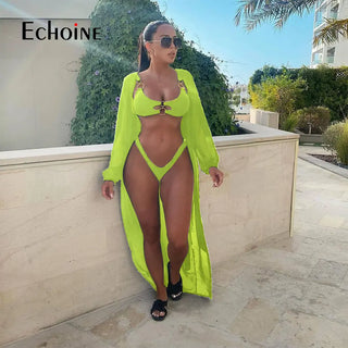 Echoine Women Bikini Pull Ring Connection Crop Top+Panties And Mesh Coat Sexy Swimsuit 3 Pieces Set Fashion Sexy Party Outfits