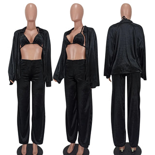 Sexy Solid Velvet pajama Suit Cardigan+Bind Crop Top And Long Pants 3 Pieces Set  pajamas Fashion Home sleepwear