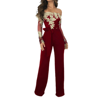 Wide Leg Casual Overalls Sexy Women V-neck Lace Elegant Straight Party Jumpsuit Rompers