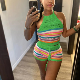 Women Suits Hhanging Neck Lace-up Sleeveless Backless Tops Female Casual Knitted Rainbow Stripes Two Piece Sets Slim Fit Shorts