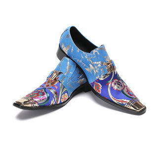 Elegant Men Patchwork Shining Glitter Metal Pointed Toe Shoes Handmade Print Wedding Party Cow Leather Man Business Formal Shoes