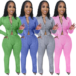 5 Wholesale Fall Winter Knitting Tracksuits Women Two Piece Sets Long Sleeve Jacket Pants Striped Outfits Sweatsuits Clothes 552