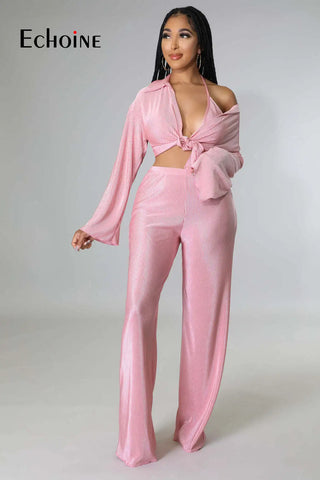 Sexy Solid pajama Suit Cardigan Bind Crop Top And Long Pants 3 Pieces Set  pajamas Fashion Home sleepwear Outfits