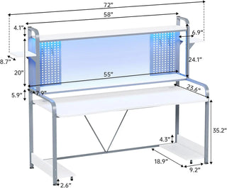 55" Computer Desk with Hutch and Shelves,LED Lights, Pegboard & Monitor Shelf, Large PC Gamer Desk Workstation for Home Office