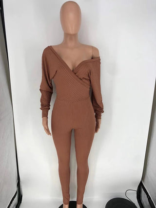 Ribbed Knitted Bandage Bodycon Jumpsuit for Women Overall One Piece Outfit Long Sleeve Off Shoulder Sexy Rompers Womens Jumpsuit