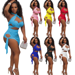 Sexy Two Piece Set Women Summer Halter Bandage Backless Crop Top Skirts mini Dresses Party Club Outfits