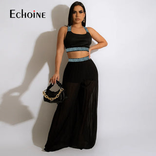 Vacation Beach Sets Chiffon Sexy Bikini Top Wide Leg Pants skirt Two 2 Piece Set  Party Club Outfits