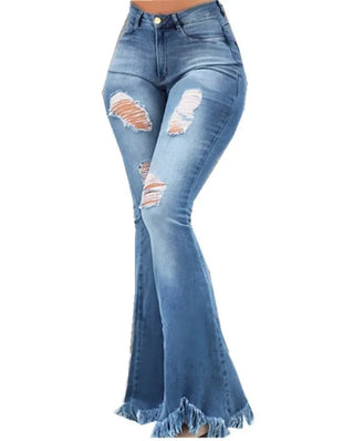 Ripped Jean Distressed Flare Full Length Women Denim Pants Hole Pockets High Waist Washed Bleached Loose Basics 2024 Solid