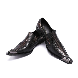 Christia Bella Italian Style Gentleman Dress Shoes Metal Pointed Toe Men Snake Grain Genuine Leather Shoes Business Men Shoes