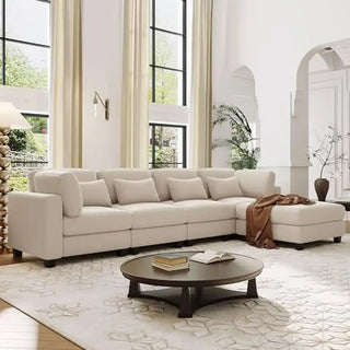 5-Piece Corduroy Modular Sectional Sofa Set with Removable Ottomans Waist Pillows and Wood Legs Modern Upholstered Couch