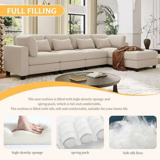 5-Piece Corduroy Modular Sectional Sofa Set with Removable Ottomans Waist Pillows and Wood Legs Modern Upholstered Couch