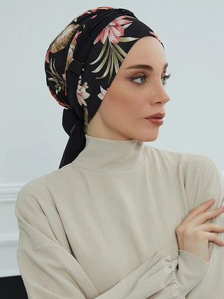 Muslim Instant Turban Woman Hijab Cap Floral Pattern, Strap Design, Adjustable Elasticity