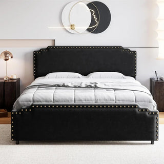 Queen Size Bed Frame w Headboard, Velvet Upholstered Platform Bed w Rivet Decor, Heavy Duty, No Box Spring Needed, Easy Assembly Thomas Family Essentials