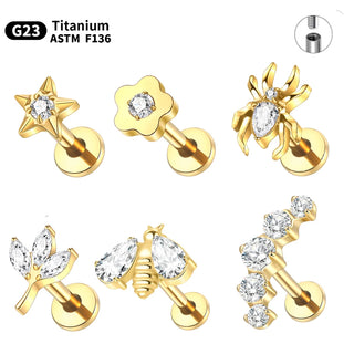 ASTM F136 Titanium CZ Star Flower Spider Flat Back Stud Earring Helix Cartilage Monroe Medusa Tragus Piercing Nose Jewelry