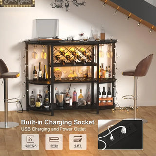 4-Tier Metal Coffee Bar Cabinet with Outlet and LED Light, Freestanding Floor Bar Table for Liquor with Glass Holder and Wine S Thomas Family Essentials