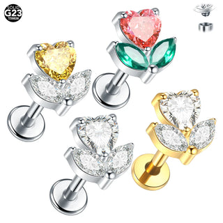 Titanium Internal Thread Flat Back Ear Studs for Women 16G Zircon Flower Heart CZ Tragus Cartilage Helix Conch Piercings