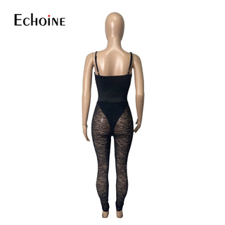 Spaghetti Strap Bodysuit + Sexy See Through Lace Patchwork Trousers Two piece Set Nightclub Party Outfits