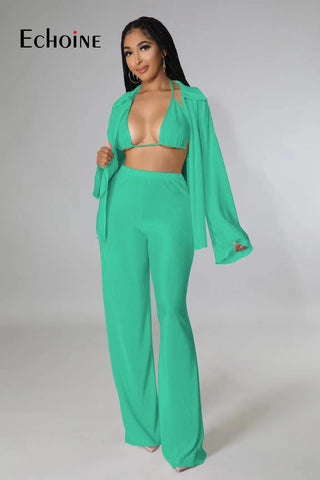 Sexy Solid pajama Suit Cardigan Bind Crop Top And Long Pants 3 Pieces Set  pajamas Fashion Home sleepwear Outfits