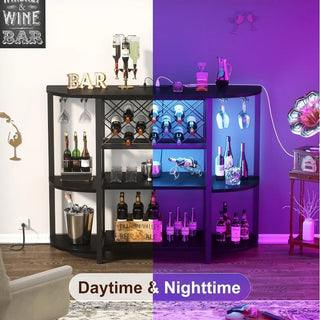 4-Tier Metal Coffee Bar Cabinet with Outlet and LED Light, Freestanding Floor Bar Table for Liquor with Glass Holder and Wine S Thomas Family Essentials