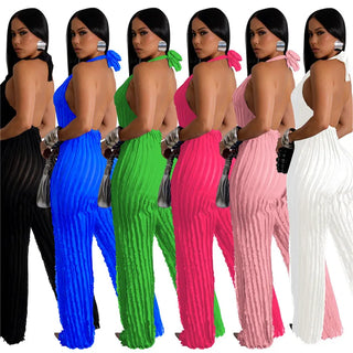 5Pcs Bulk Wholesale Ruffles Jumpsuits Women Sexy Deep V-neck Lace Up Backless Rompers Wide Lege Pants Overalls