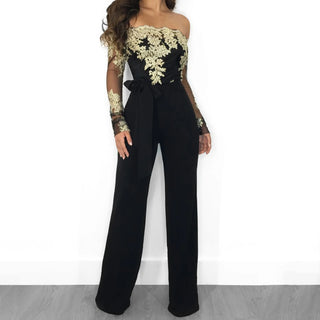 Wide Leg Casual Overalls Sexy Women V-neck Lace Elegant Straight Party Jumpsuit Rompers