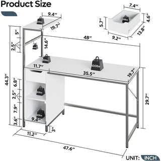 Gaming Desk with Drawer and LED Lights, 48 inch Computer Desk PC Table with Adjustable Storage Shelves & Hook for Home Office