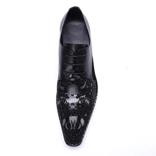 New Black Real Leather Pointed Toe Brogue Shoes Party Evening Dress Shoes Patchwork Lace Up Business Men Oxford Shoes Large Size