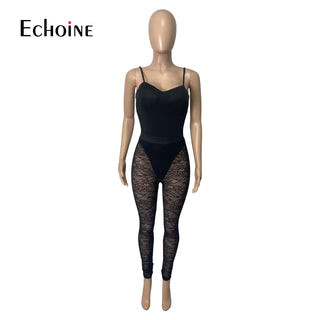 Spaghetti Strap Bodysuit + Sexy See Through Lace Patchwork Trousers Two piece Set Nightclub Party Outfits