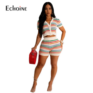 Summer Women's New Sexy Knitted Clash Colour Stripe Short Sleeve Button Top Shorts Casual Fashion Two Piece Set Outfits Thomas Family Essentials