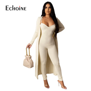 New Autumn Rib Solid Two-piece Woman Sexy Sling Tight One Piece Jumpsuit and Long Cardigan Shawl Jacket Outfits Thomas Family Essentials