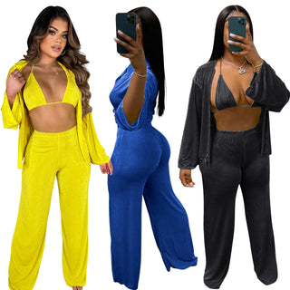 Sexy Solid Velvet pajama Suit Cardigan+Bind Crop Top And Long Pants 3 Pieces Set  pajamas Fashion Home sleepwear