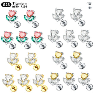 Titanium Internal Thread Flat Back Ear Studs for Women 16G Zircon Flower Heart CZ Tragus Cartilage Helix Conch Piercings