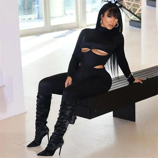 5Pcs Wholesale Bulk Items Jumpsuits Women Sexy Hollow Out Bodycon Rompers Female Y2K Clubwear Long Sleeves Skinny Solid Overalls