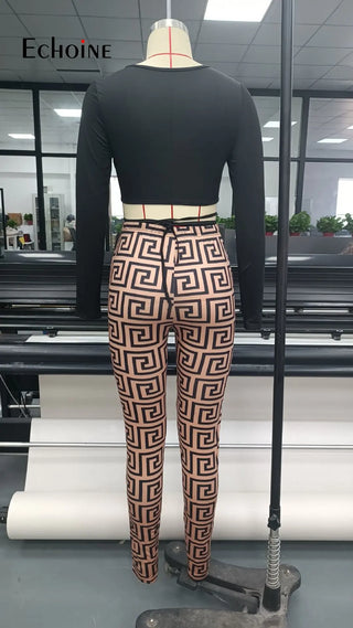 Slim Long Sleeve Crop Top And Print Pants Two 2 pcs Set 2022 Sexy Fashion Casual Street Party club Outfits