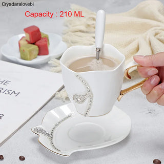 Creative Design Drinkware Ceramic 3D Tea Mugs With Rhinestones Decoration Cups And Saucers