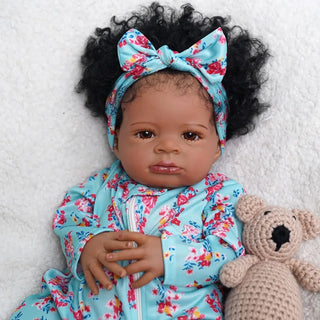 MRB 50CM African American Reborn Baby Doll Lanny Dark Skin Girl Cuddly Doll Lovely Black Girl Collectible Art Christmas Doll