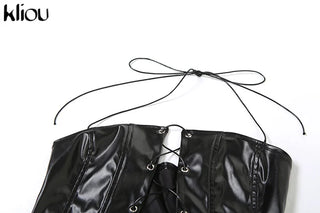 Leather 2 Piece Set Women Solid Drawstring Halter Bandage Tanks + High Waist Slim Shorts Sexy Off Shoulder Female Clubwear