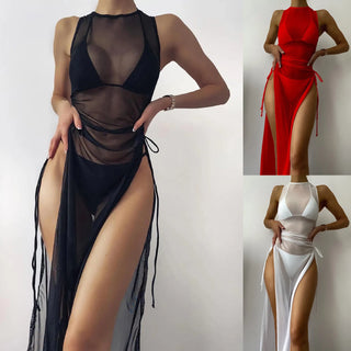 Swimwear Cover Up Women Bikini Mesh Cover Hight Split Fork Dress Female Beach Wrap Bikini Shiny Wrap Beachwear Dropshipping