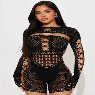 5Pcs Bulk Wholesale Sexy Hollow Out Playsuit Women Stretchy Skinny Long Sleeve Romper Nightclub See Through Short Jumpsuit