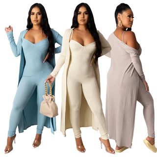 New Autumn Rib Solid Two-piece Woman Sexy Sling Tight One Piece Jumpsuit and Long Cardigan Shawl Jacket Outfits Thomas Family Essentials