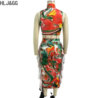 HLJ&GG Orange Fashion Print Bandage Ruffle Skinny Skirts Two Piece Sets Women O Neck Sleeveless Crop Top And Skirts Outfits 2024