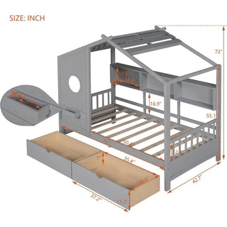 Twin House Bed with Storage Drawers & Bookcase,Solid Wood Playhouse Bed for Kids Teens Girls Boys (Twin Size, Gray)