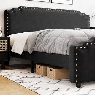 Queen Size Bed Frame w Headboard, Velvet Upholstered Platform Bed w Rivet Decor, Heavy Duty, No Box Spring Needed, Easy Assembly Thomas Family Essentials